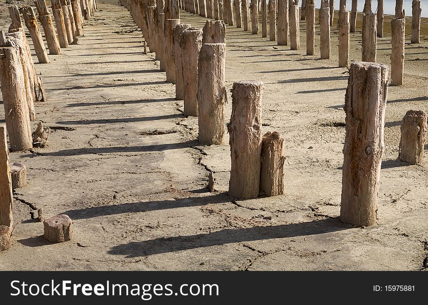 The old wooden destroyed columns on the dried up earth