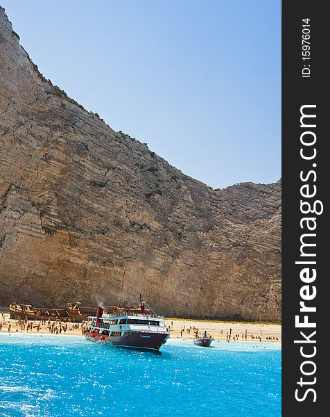 Passenger Ship Anchored On The Navagio Beach