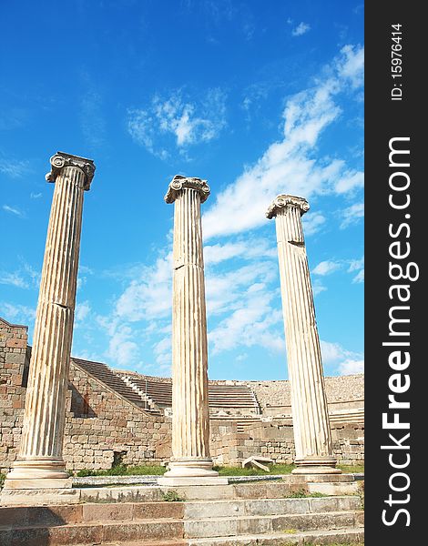 Ruins of columns in Asklepion in ancient city of Bergama, Turkey