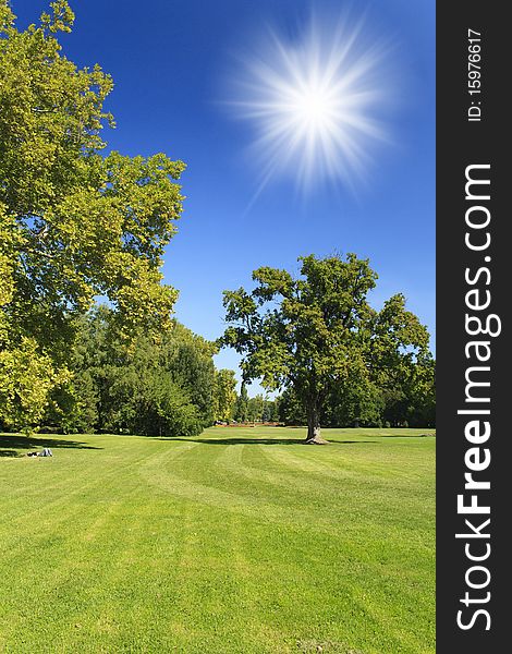 Green park with blue sky and sun, Hungary