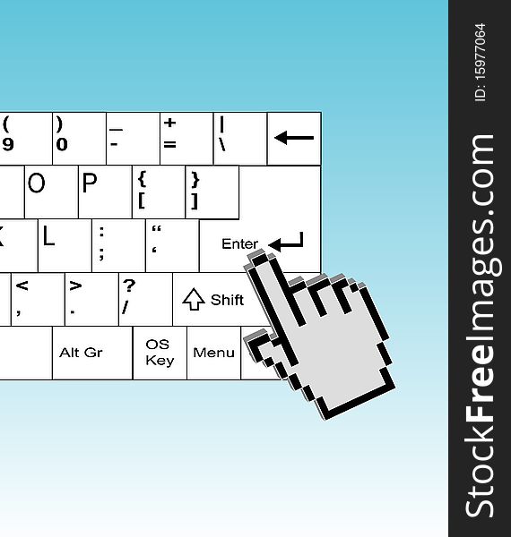 Hand cursor on enter button isolated on soft blue -