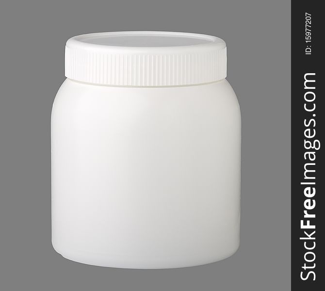 Plastic container for medicine, isolated on grey  background