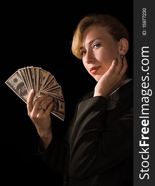 Confident business woman with dollars. Confident business woman with dollars