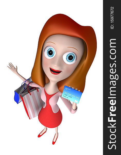 3d girl holding a creit card with shopping bag