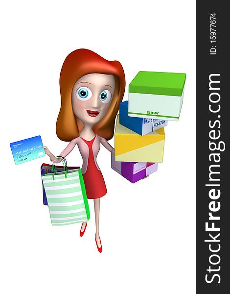 3d Girl Holding A Creit Card With Shopping Bag