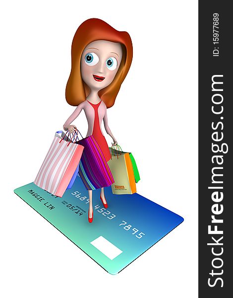 3d Girl Standing On Creit Card With Shopping Bag