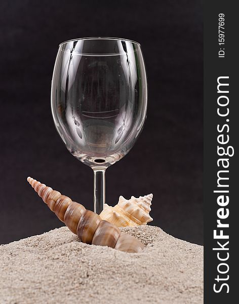 Wine Goblet and Sea Shells on Sand Mound for tropical dining concepts and/or travel