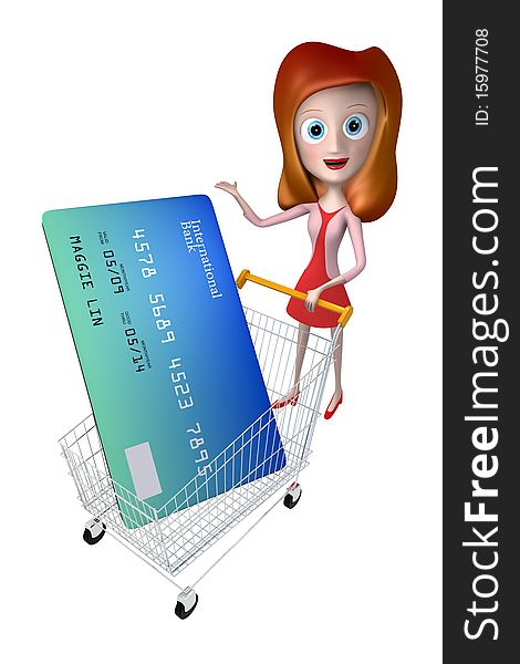 3d Girl Pushing Trolley With Credit Card Shopping