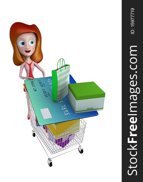 3d girl pushing trolley with credit card shopping