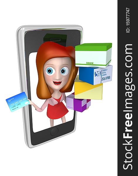 3d girl in a phone with credit card shopping bag