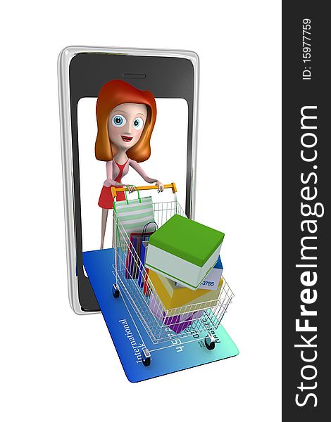 3d Girl In Phone Shopping With Trolley Credit Card