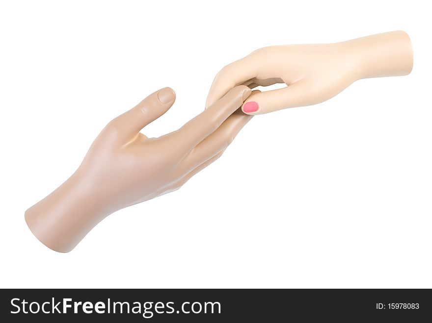 Touch of female and male mannequin hands . Isolated on white background. Touch of female and male mannequin hands . Isolated on white background
