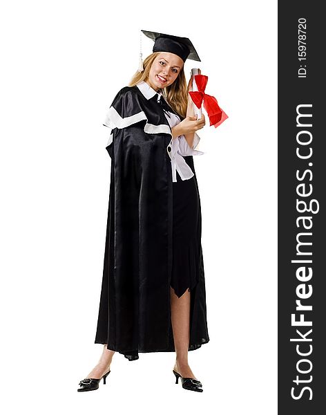 Happy graduate standing with diploma. isolated on white