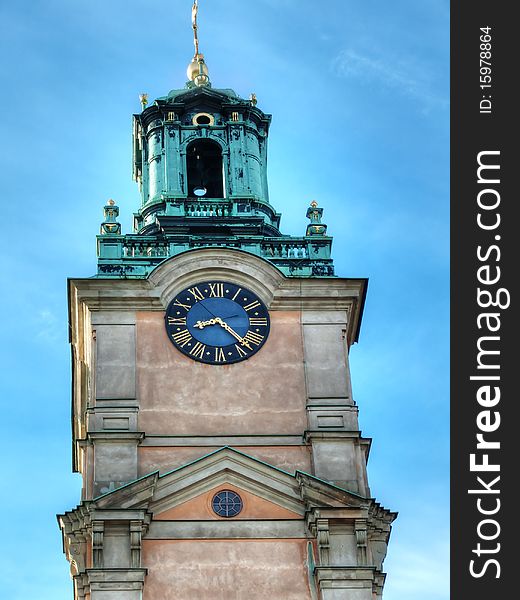 The bell tower of Storkyrkan (The Big Church) in Stockholm, Sweden