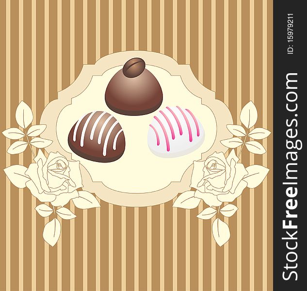 Card with chocolate candies with roses and stripes background