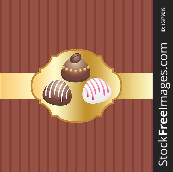 Card with chocolate candies on striped background