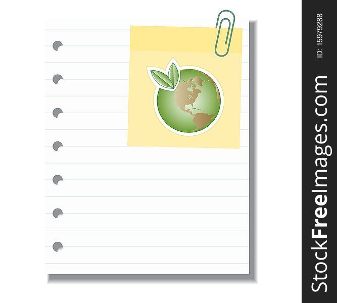 Blank paper with sticker note and green Earth