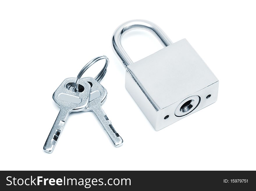 Modern padlock with keys on a white background