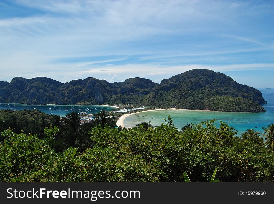 Bird view of Phi Phi island from the viewpoint. Bird view of Phi Phi island from the viewpoint