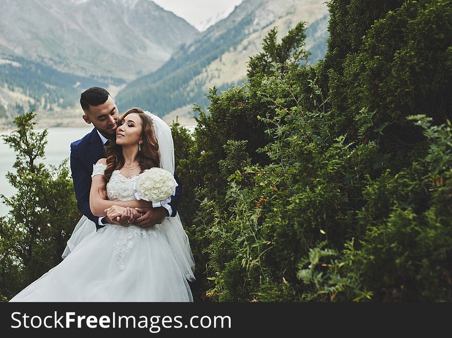 Beautiful Wedding Photo On Mountain Lake. Happy Asian Couple In Love, Bride In White Dress And Groom In Suit Are Photographed Agai