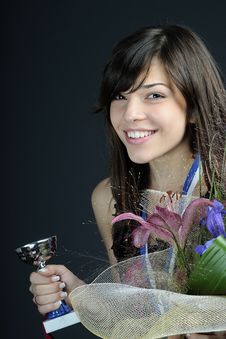 Sportive Smiling With Silver Cup Stock Photography