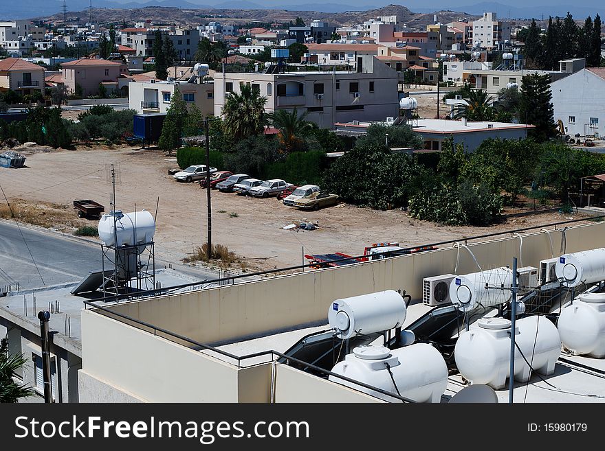 Water tanks on rooftops in Nicosia, Cyprus are used to battle drought.