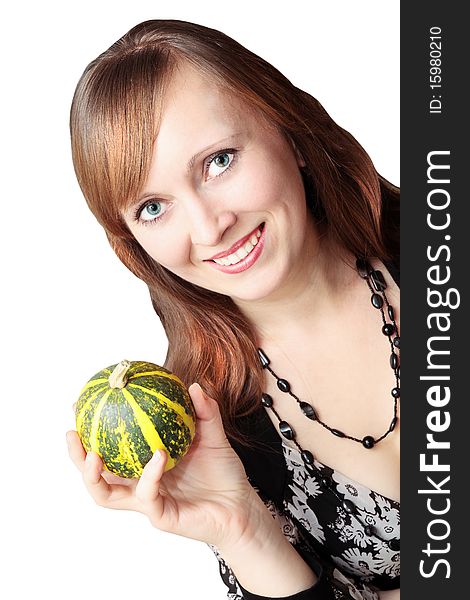 Happy, young woman holds the decorative pumpkin. Happy, young woman holds the decorative pumpkin