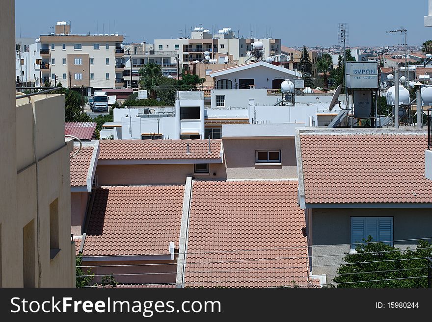 Water tanks on rooftops in Nicosia, Cyprus are used to battle drought.