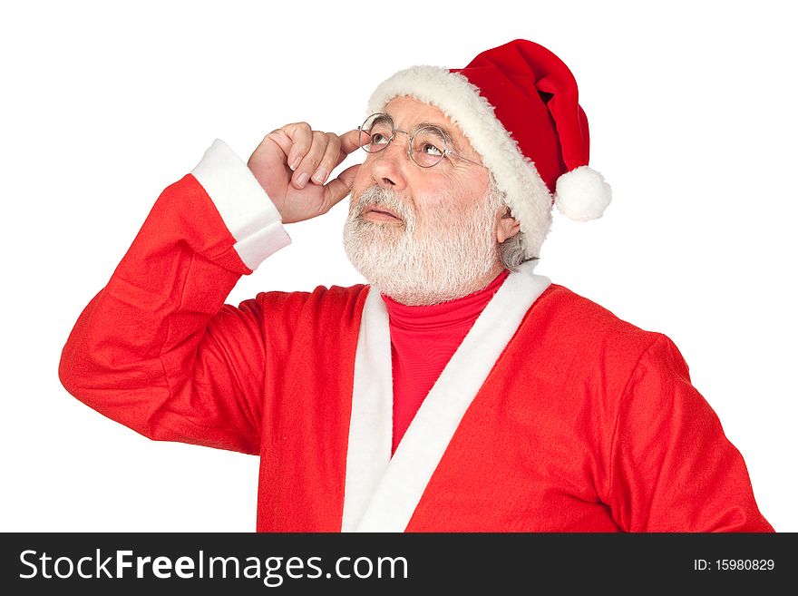 Thoughful Santa Claus isolated on white background