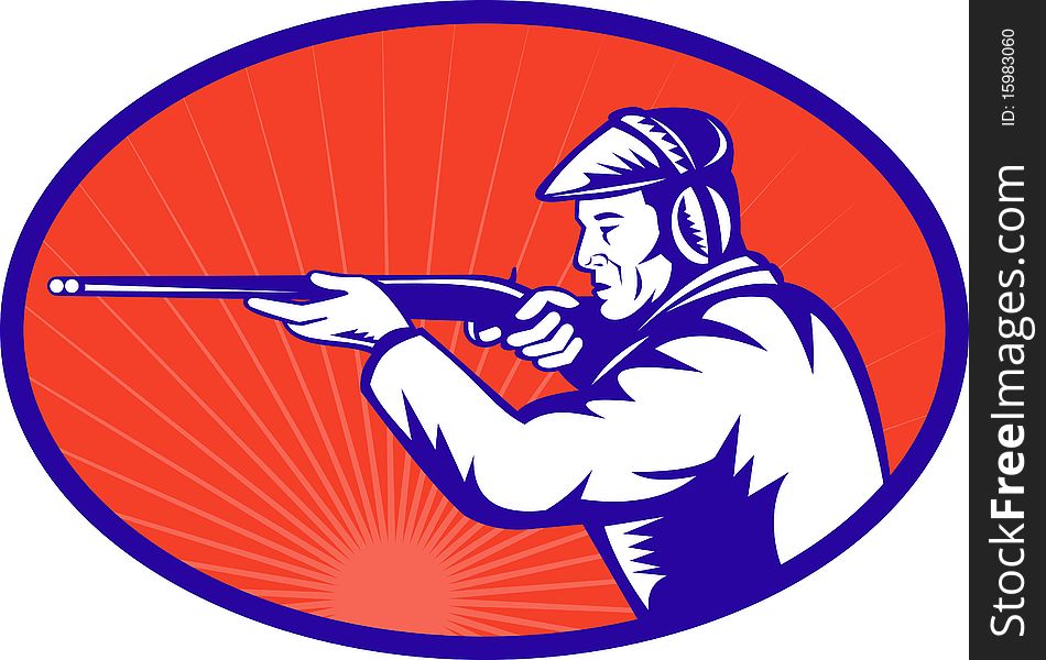 Illustration of a Hunter aiming a shotgun rifle side view set inside an ellipse done in retro woodcut style. Illustration of a Hunter aiming a shotgun rifle side view set inside an ellipse done in retro woodcut style