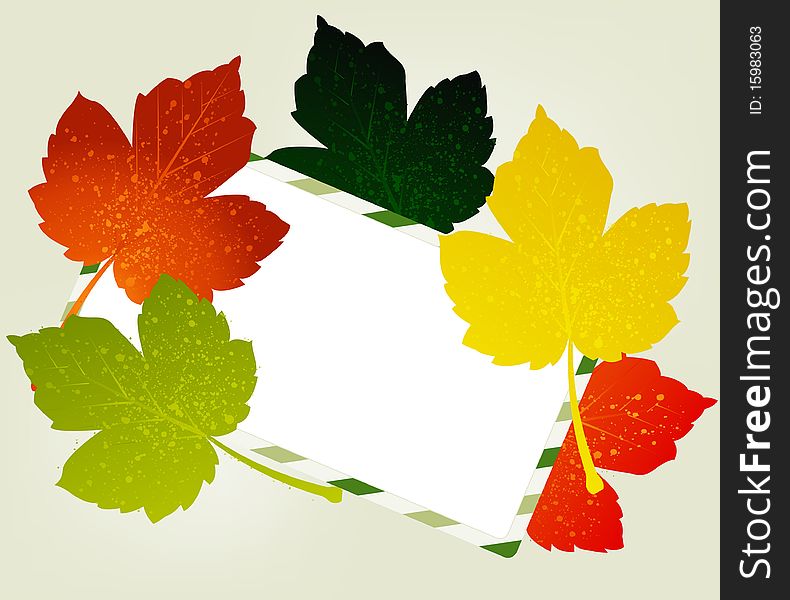 Post card,  Invitation card and colored leaves. Post card,  Invitation card and colored leaves.