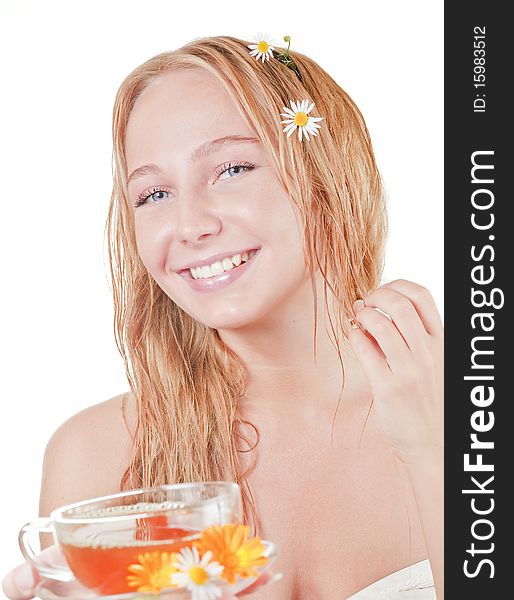 Beautyful blonde girl with cup of tea