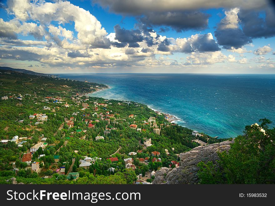 Small town on the seaside. Nature composition.