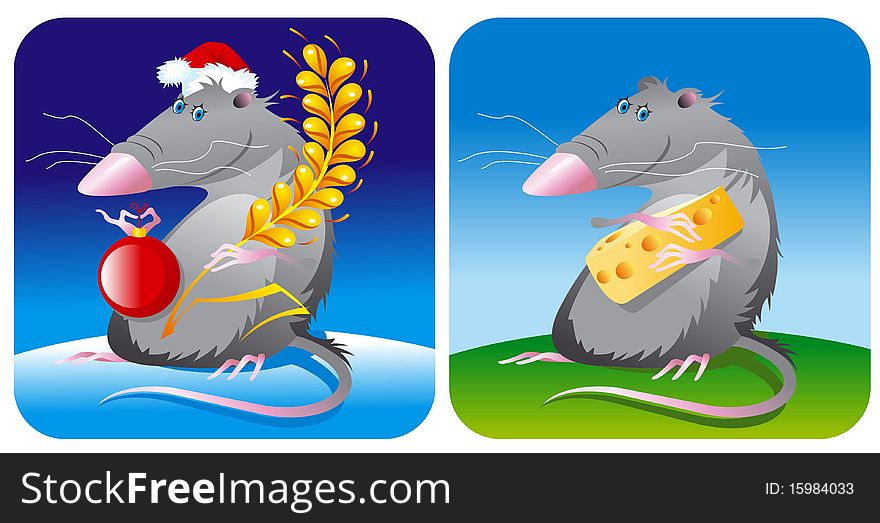 The mouse (rat) with a cheese piece on a summer background or with an ear  on a winter background with a hat of Santa and a smile. All objects are grouped and easily edited.Vectoredited.Vector. The mouse (rat) with a cheese piece on a summer background or with an ear  on a winter background with a hat of Santa and a smile. All objects are grouped and easily edited.Vectoredited.Vector