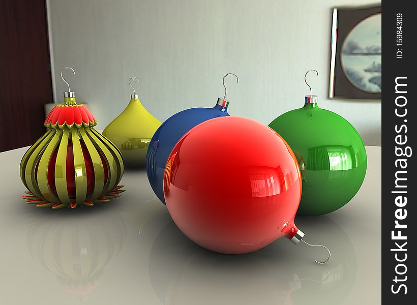 Christmas color balls on table with reflection. Christmas color balls on table with reflection