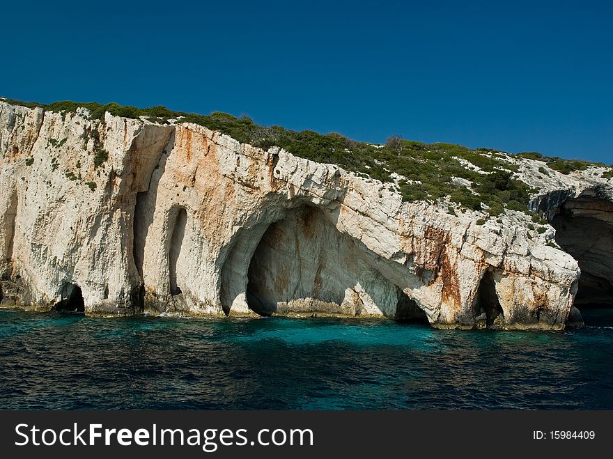 Cliffs of Zakynthos Island, as seen from the sea, Greece.