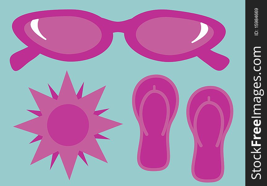 Vector illustration of isolated objects: pink sunglasses, sun & flip flops on a blue background. Vector illustration of isolated objects: pink sunglasses, sun & flip flops on a blue background.