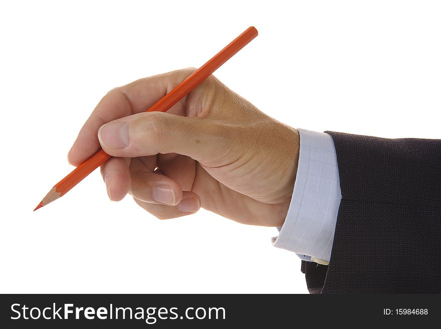 Red pencil in business hand isolated over white background