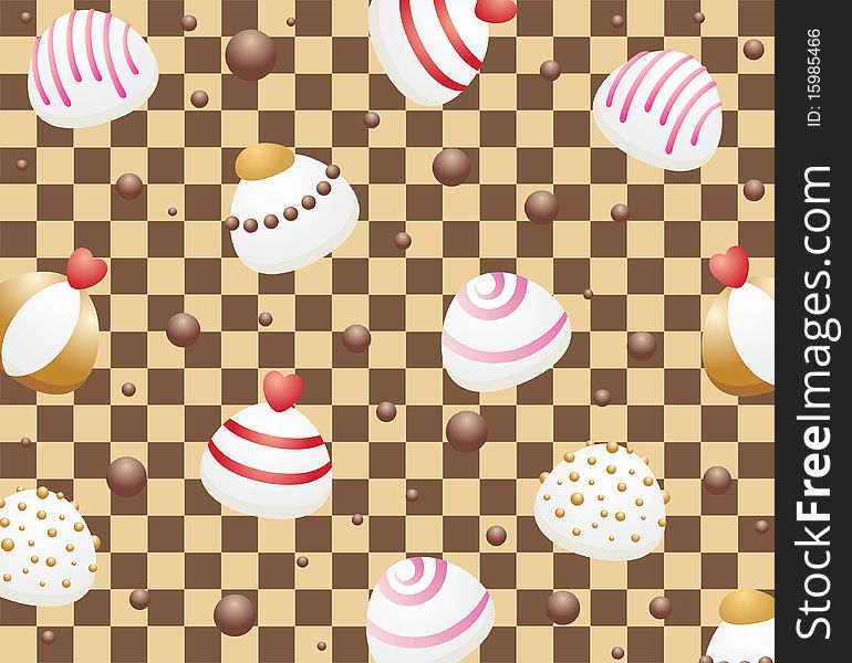 Seamless white chocolate candies on checkered background