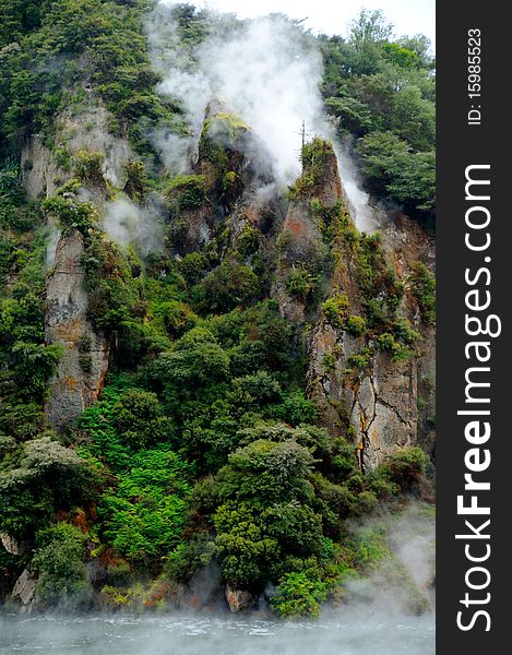 Steaming Cathedral Rocks,  Echo Crater and Frying Pan Lake, Waimangu Volcanic Valley, Rotorua, New Zealand. Steaming Cathedral Rocks,  Echo Crater and Frying Pan Lake, Waimangu Volcanic Valley, Rotorua, New Zealand