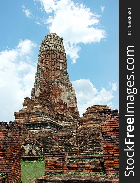 Ayutthaya Historic Park, Thailand - Buddhist Temple Ruins, remains of a Prang. Ayutthaya Historic Park, Thailand - Buddhist Temple Ruins, remains of a Prang