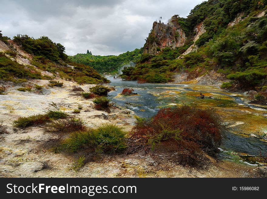 Hot Stream with mineral sediments, Waimangu Volcanic Valley, Rotorua, New Zealand