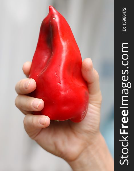 The one pepper in one hand. The one pepper in one hand.