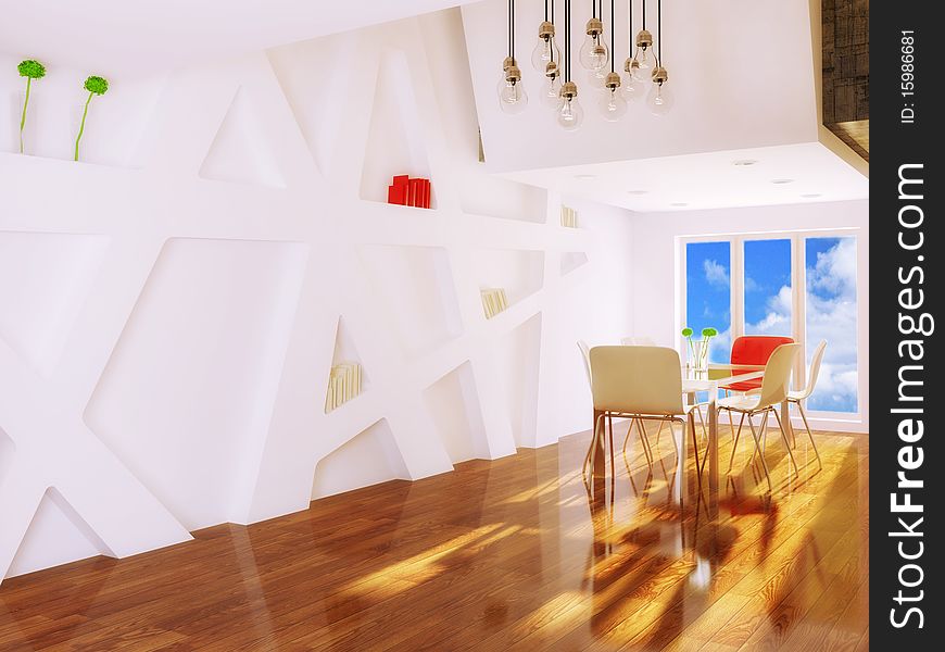 White dining room with red chair