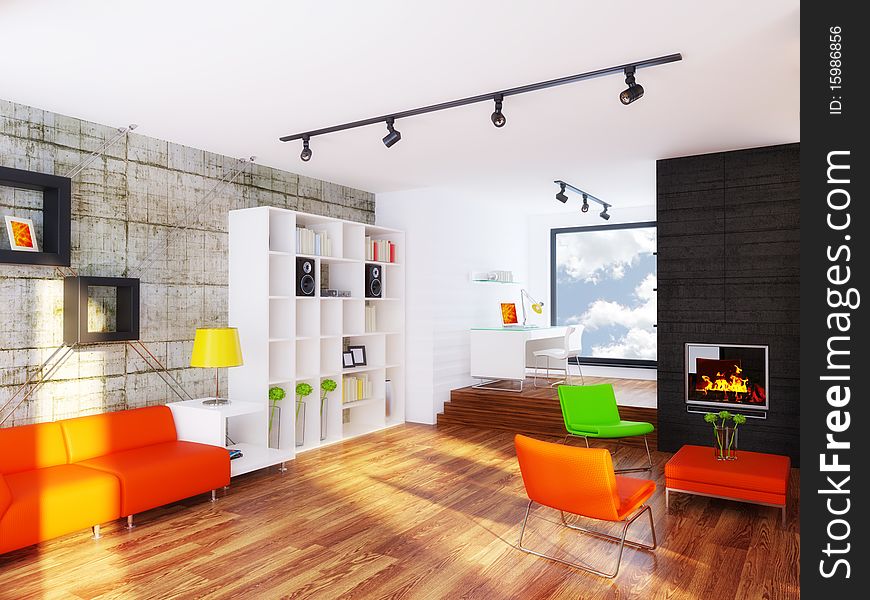 Modern interior room with orange furniture and concrete wall