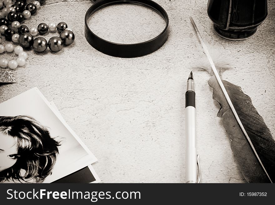 Set of old objects on sepia