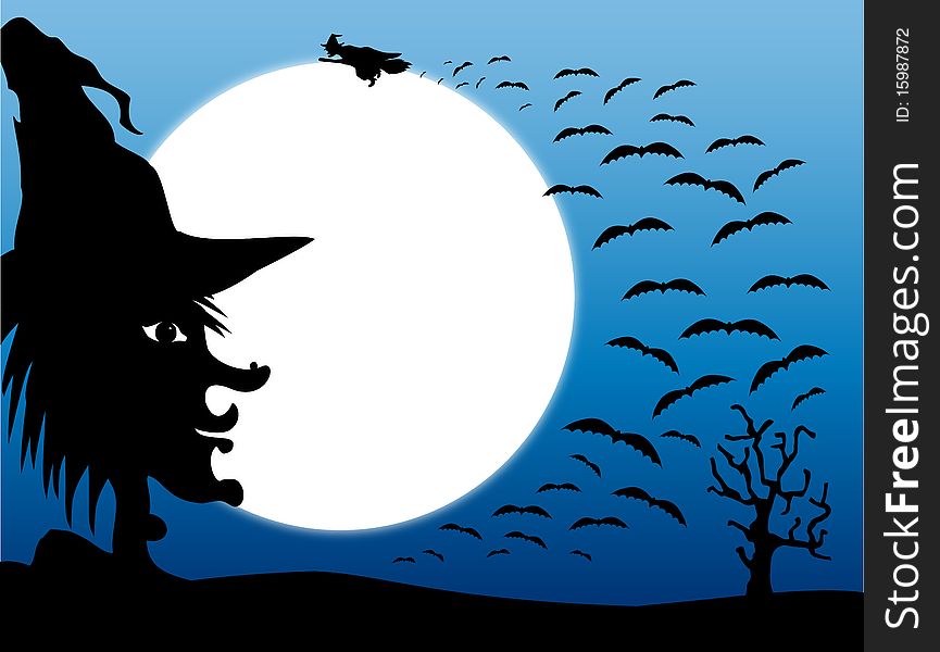 One witch watches as another flies through the sky followed by a trail of bats, all in the light of the full moon. One witch watches as another flies through the sky followed by a trail of bats, all in the light of the full moon.
