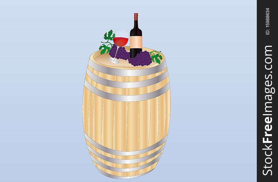 Red wine bottle, glass and bunch of grapes