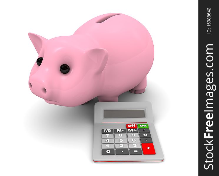 Ping piggy bank and a calculator on a white background. Ping piggy bank and a calculator on a white background