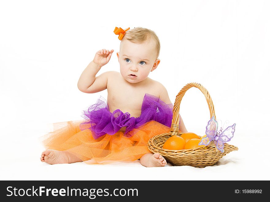 Cute baby girl with basket isolated